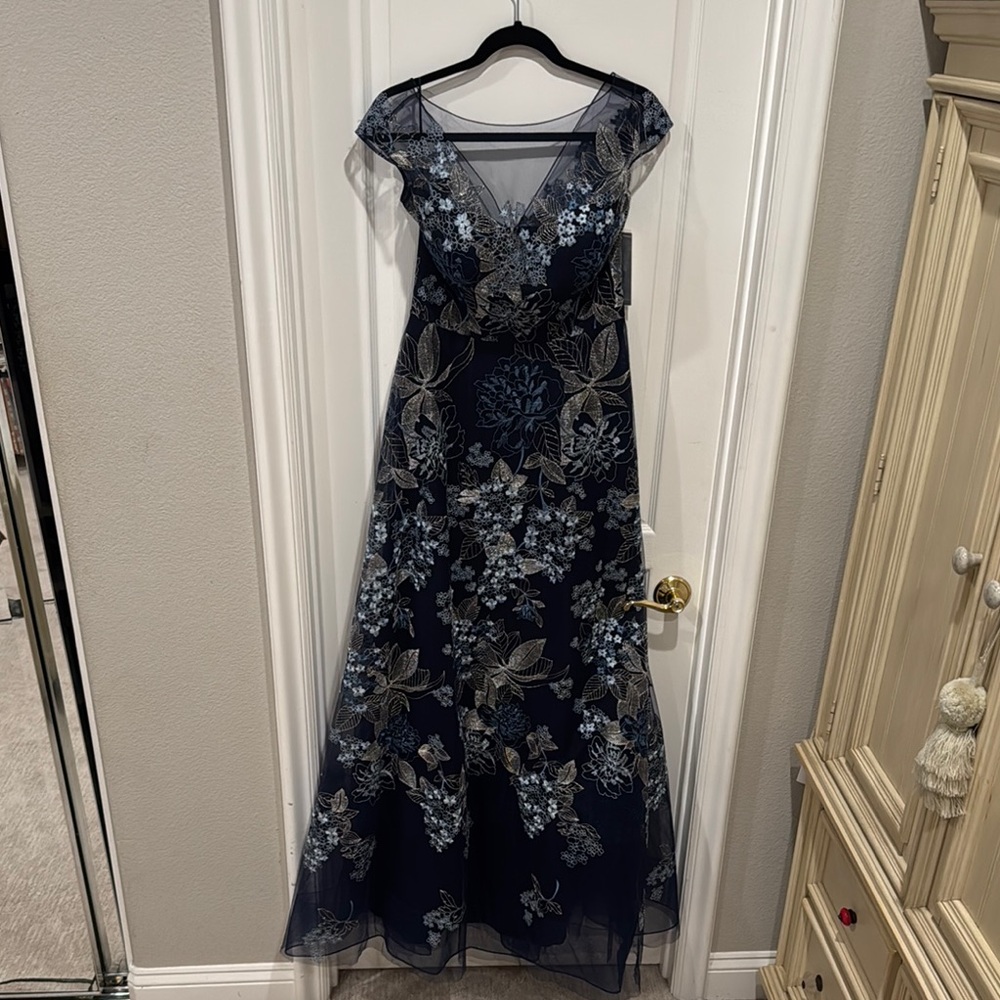 Rickie Freeman Teri Jon Navy and Silver Embroidered Evening Gown for Weddings